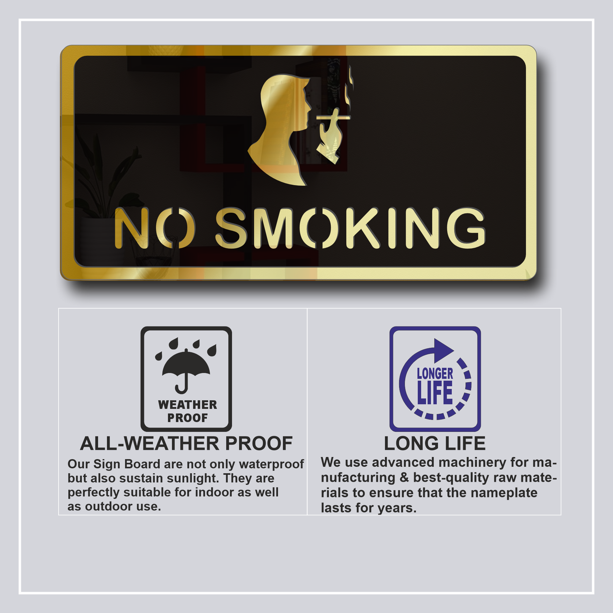 No Smoking Sign Board Golden (Mirror) Premium look Self-Adhesive Material: Acrylic 7 No Smoking Golden (5)